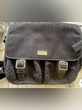 Coach Black Signature Canvas Messenger Bag with Gold Hardware